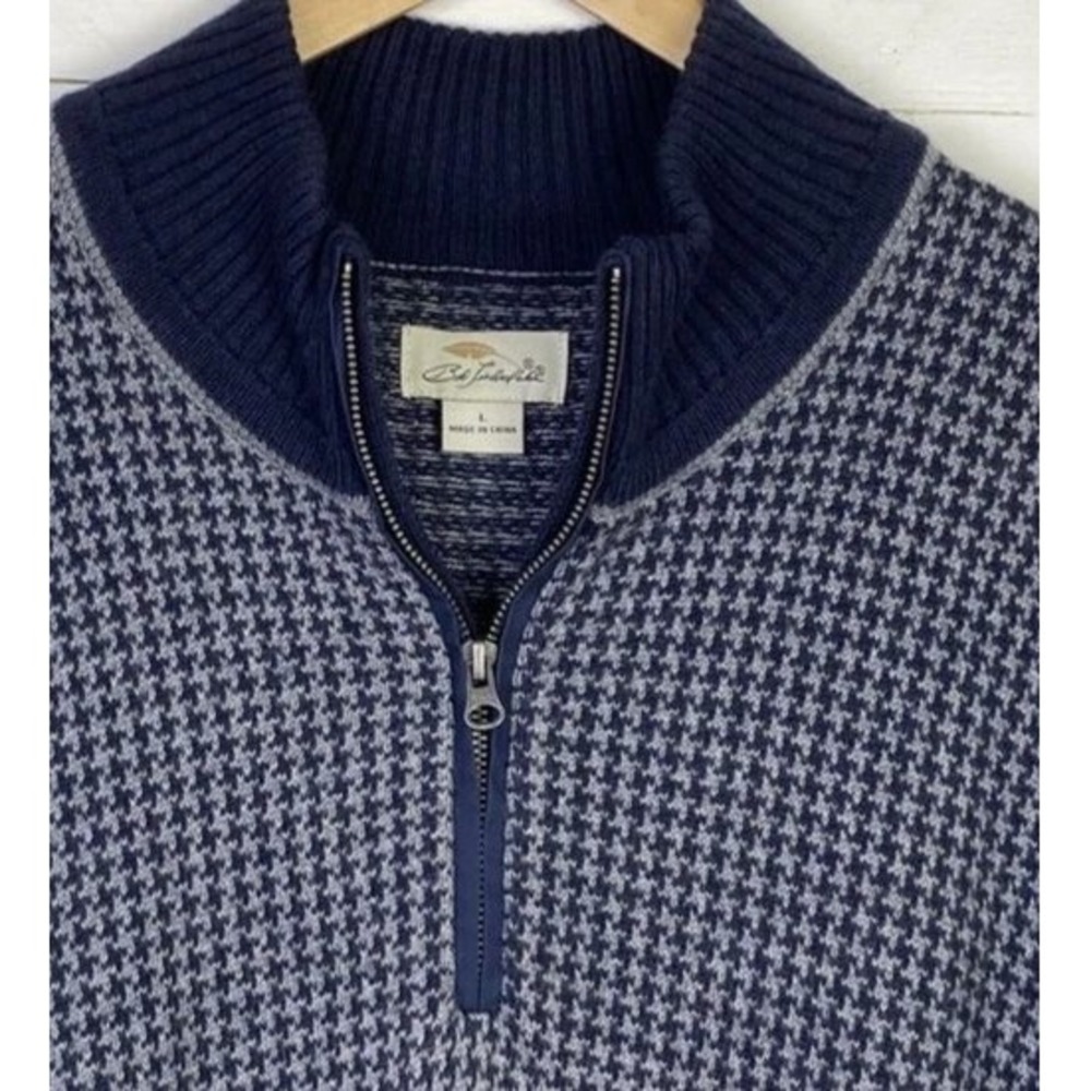 Bob Timberlake Sweater Mens L Merino Wool Blue Gray Houndstooth Pullover 1/4 Zip - Picture 6 of 7